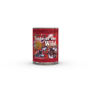 The front of a can of Southwest Canyon Canine Recipe with Beef in Gravy.