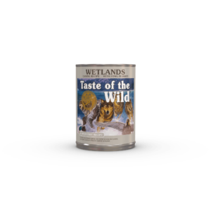 The front of a can of Wetlands Canine Recipe with Fowl in Gravy.