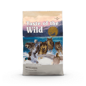 The front of a bag of Wetlands Canine Recipe with Roasted Fowl.