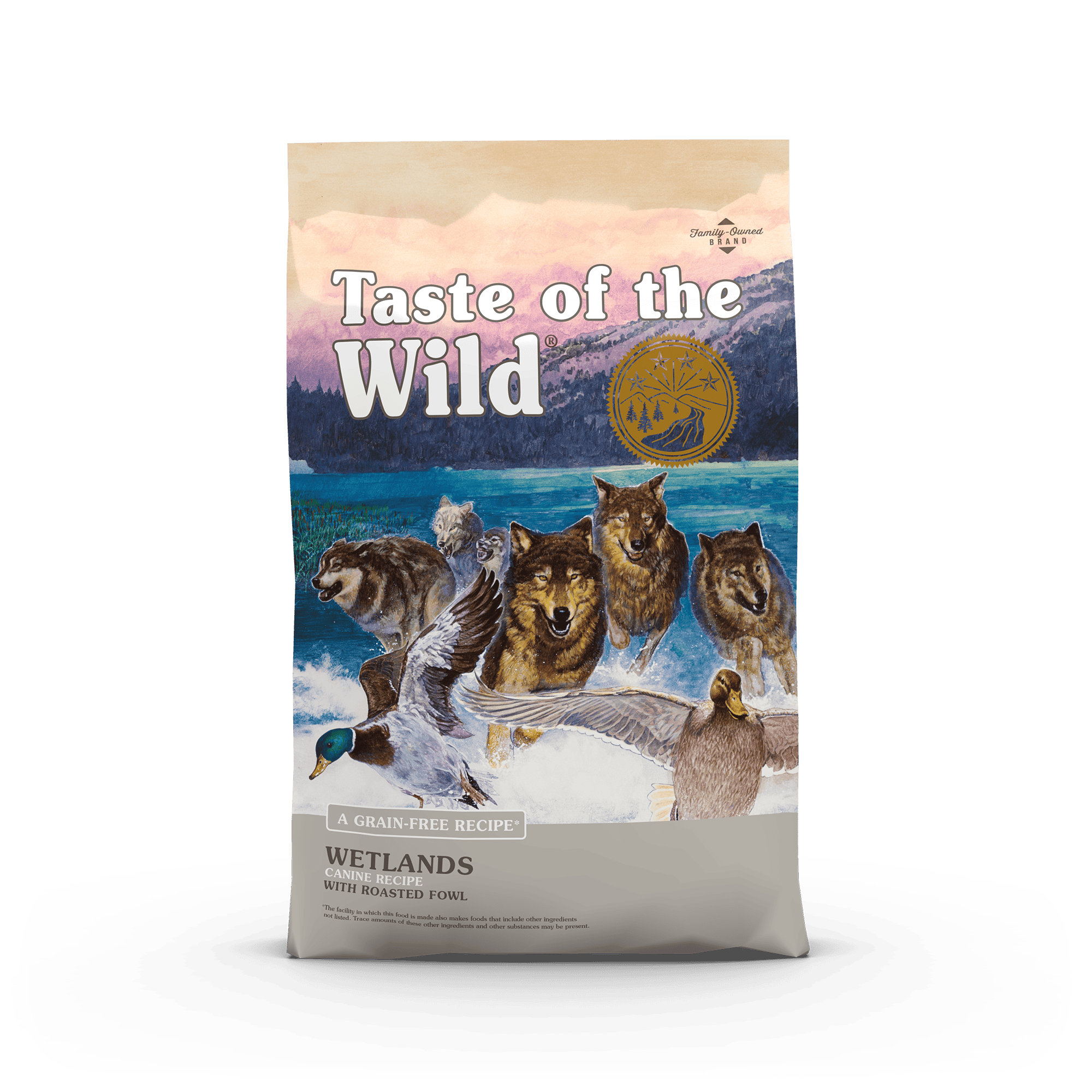The front of a bag of Wetlands Canine Recipe with Roasted Fowl.