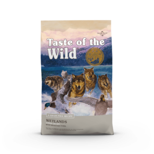 The front of a bag of Wetlands Canine Recipe with Roasted Fowl.