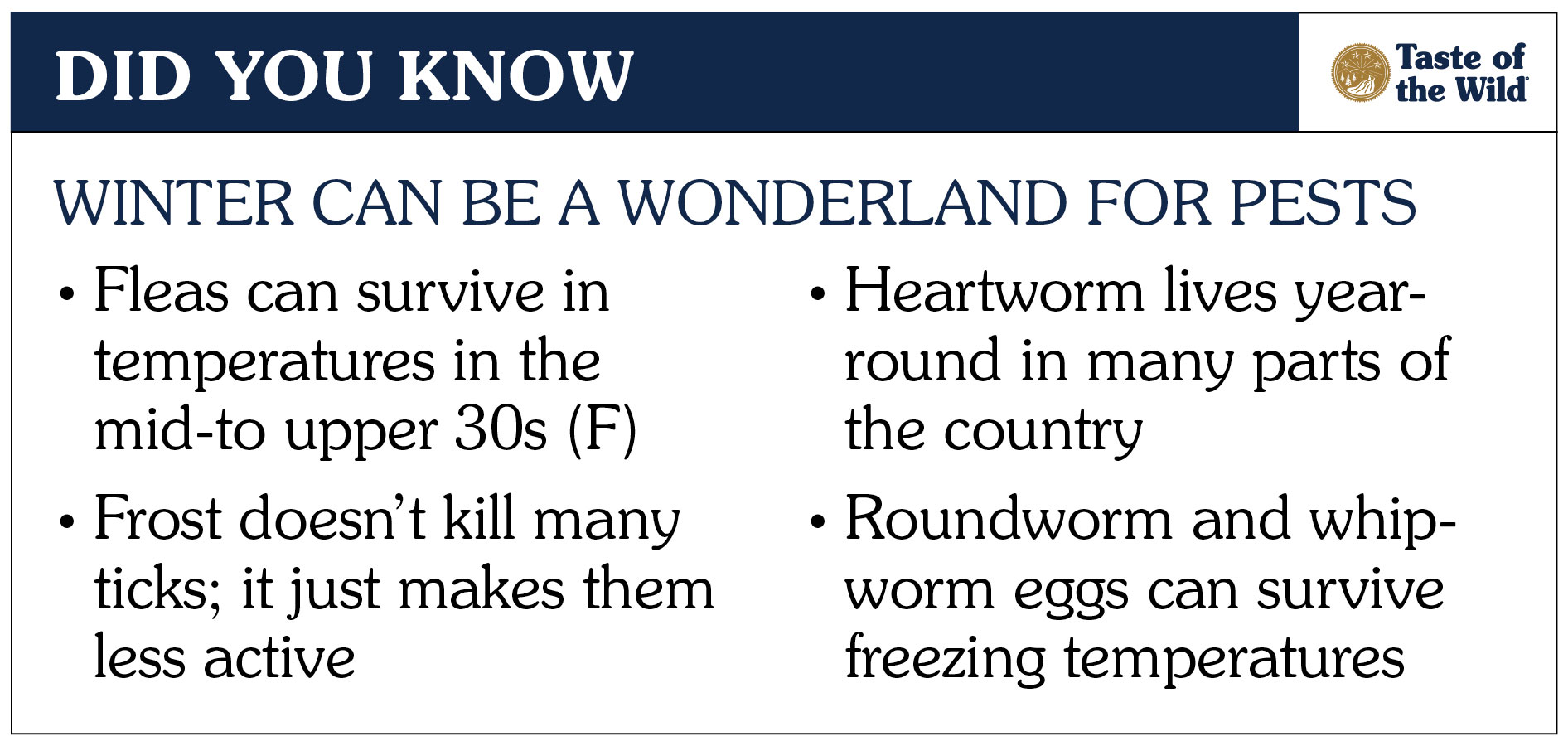 An interior graphic detailing different facts about why winter can be a wonderland for common pests like fleas, ticks, roundworm and heartworm.