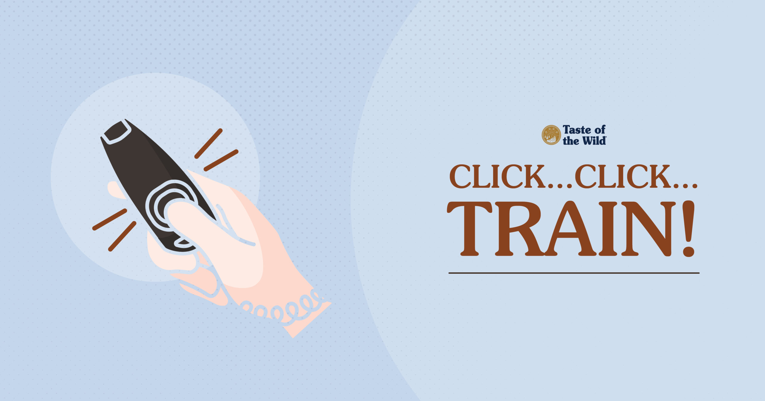 A cartoon hand holding a clicker with sound waves emanating from it.