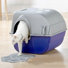 A white cat stepping out of an enclosed litter box.