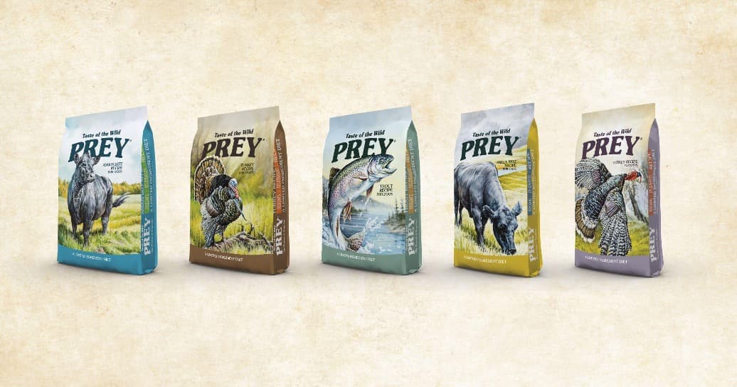 Five bags of Taste of the Wild Prey dog food.