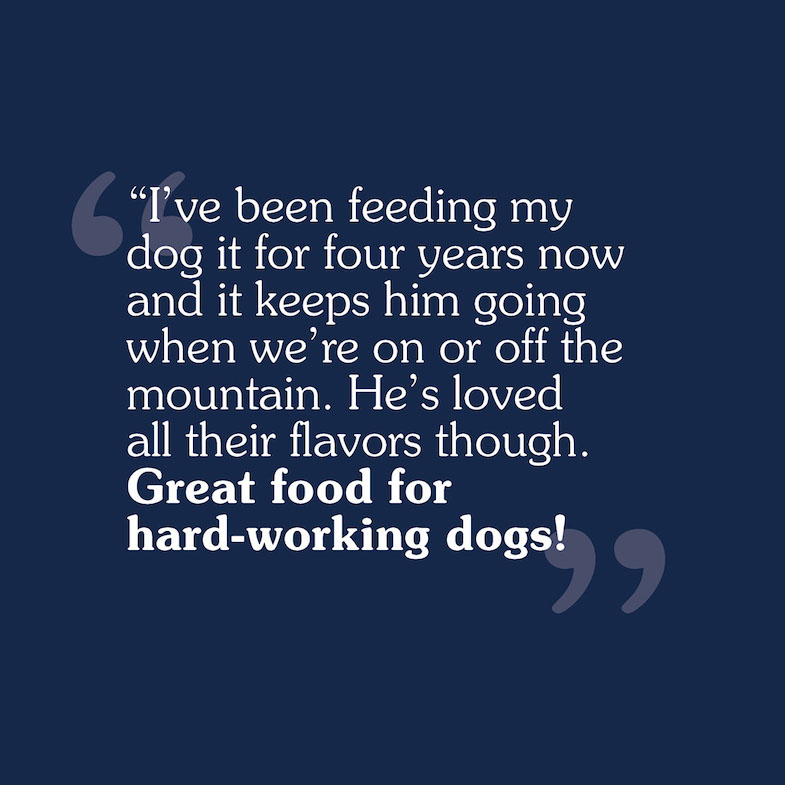 A five-star text review of Ancient Prairie that reads, 'I’ve been feeding my dog it for four years now and it keeps him going when we’re on or off the mountain. He’s loved all their flavors though. Great food for hard-working dogs!'