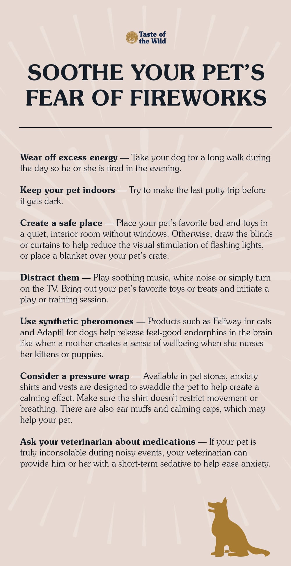 An interior graphic detailing seven different methods to help soothe your pet's fear of fireworks.