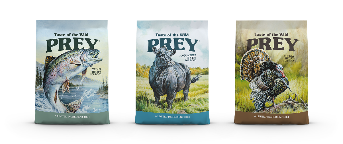 Three different bags of Taste of the Wild Prey limited ingredient canine recipe lined up next to each other.