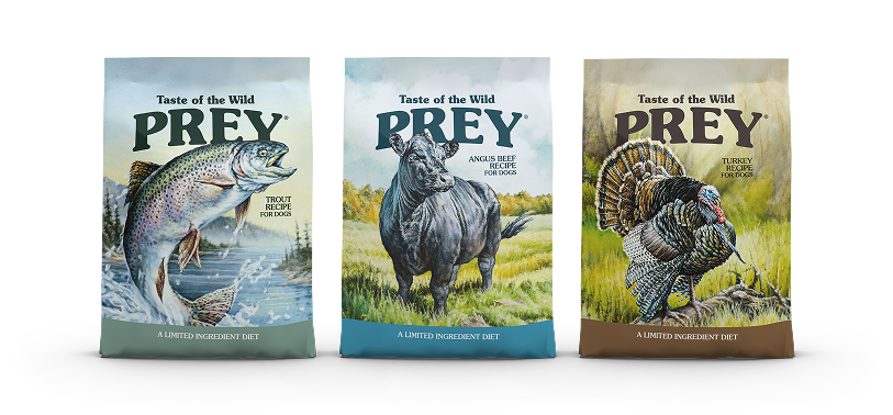 Three different bags of Taste of the Wild Prey limited ingredient canine recipe lined up next to each other.