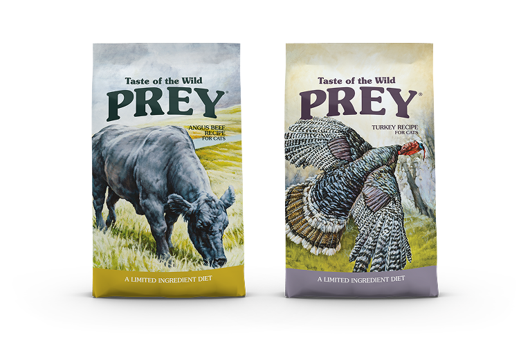 Two bags of Taste of the Wild Prey limited ingredient feline recipe bags side by side.