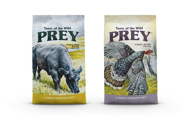 Two bags of Taste of the Wild Prey limited ingredient feline recipe bags side by side.