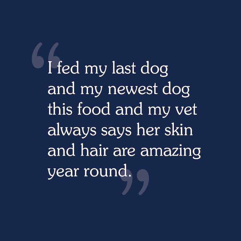 A text review image for High Prairie Canine Recipe that reads, 'I fed my last dog and my newest dog this food and my vet always says her skin and hair are amazing year round.'