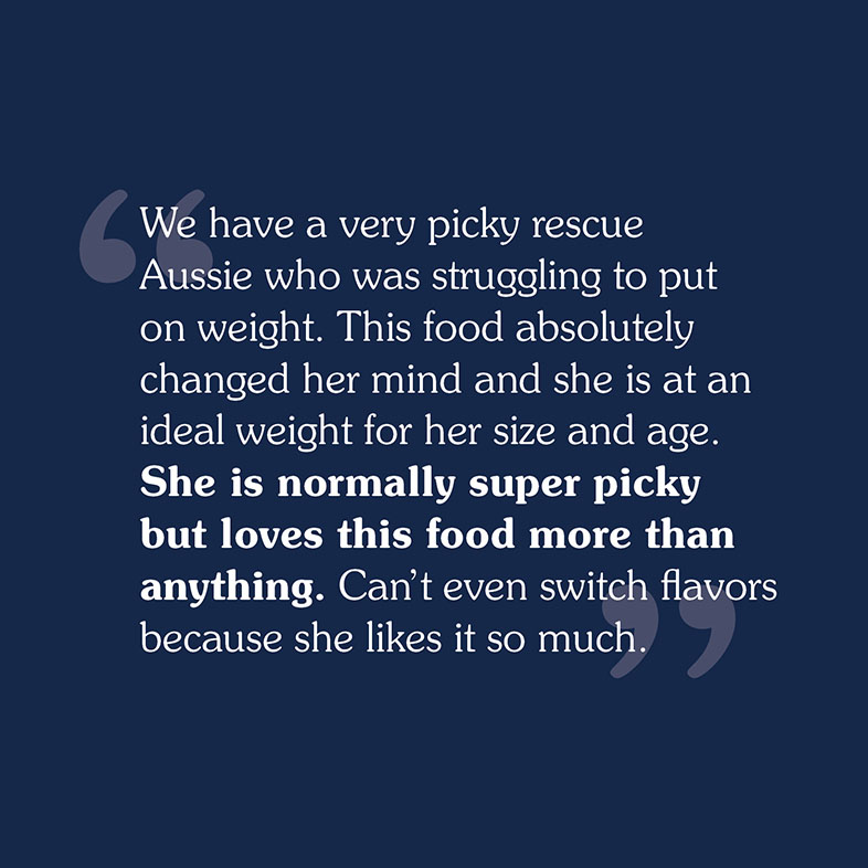 A text review that reads, 'We have a very picky rescue Aussie who was struggling to put on weight. This food absolutely changed her mind and she is at an ideal weight for her size and age. She is normally super picky but loves this food more than anything. Can't even switch flavors because she likes it so much'.
