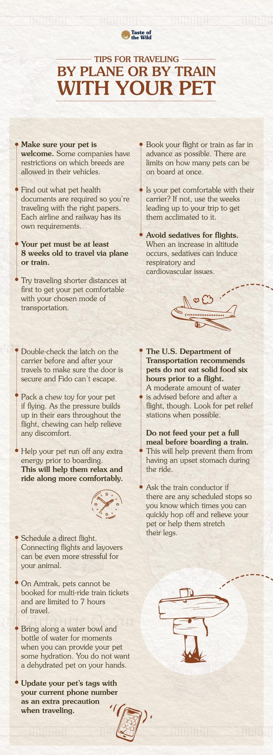 An interior graphic detailing tips for traveling by plane or by train with your pet.