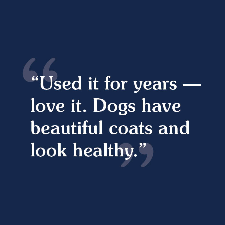 A customer review that reads, 'Used it for years — love it. Dogs have beautiful coats and look healthy'.