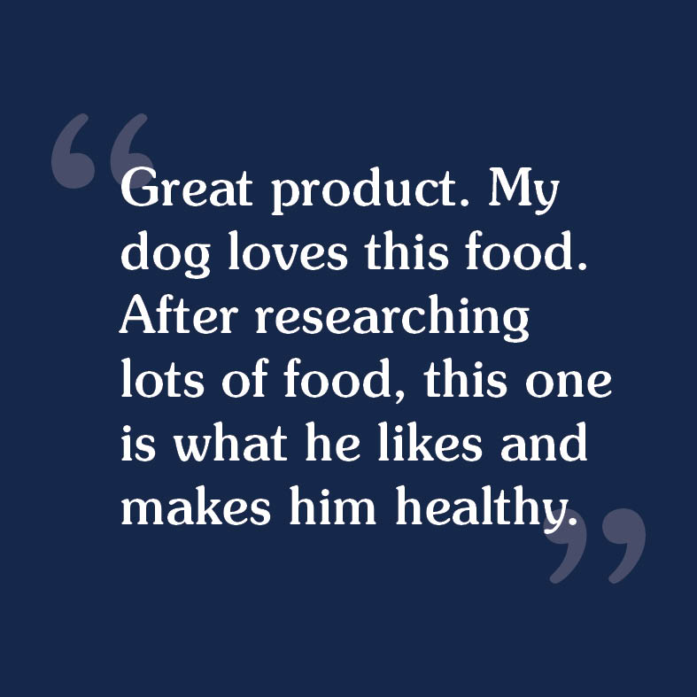 A customer review that reads, 'Great product. My dog loves this food. After researching lots of food, this one is what he likes and makes him healthy'.