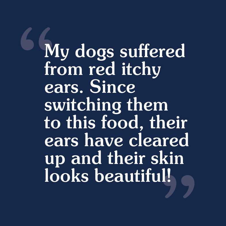 A customer review that reads, 'My dogs suffered from red itchy years. Since switching to this food, their ears have cleared up and their skin looks beautiful'.