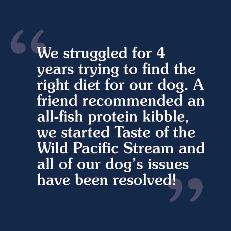 A customer review that reads, 'We struggled for 4 years trying to find the right diet for our dog. We started Taste of the Wild Pacific Stream and all of our dog's issues have been resolved'.