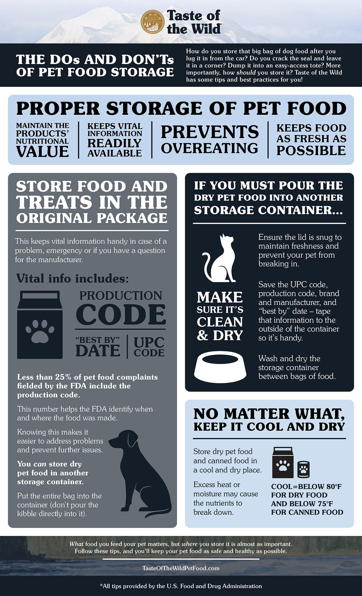 An interior graphic detailing the do's and don'ts of pet food storage to ensure food remains as fresh as possible.